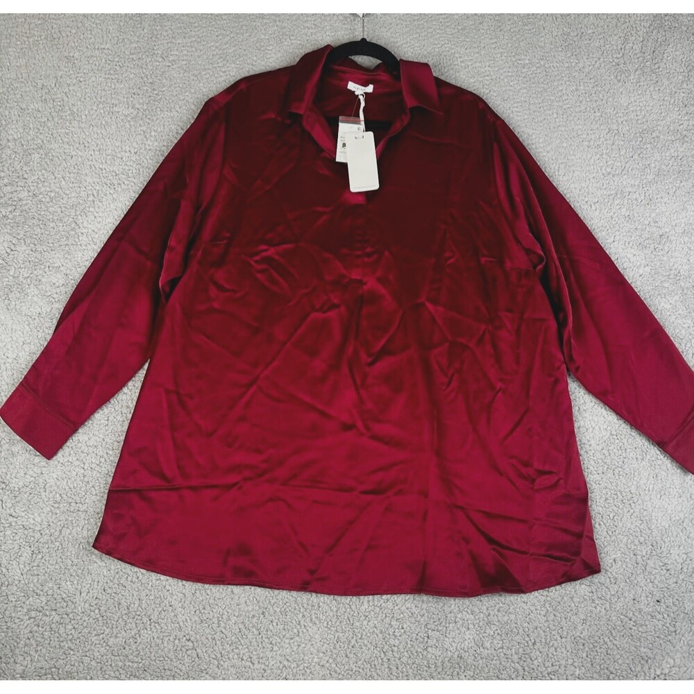 PLEIONE Tunic Blouse Woman 1X Burgundy Chiffon Collar Pullover Stretch Plus Size